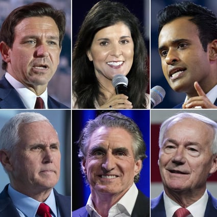 Candidates taking part in Wednesday’s Republican presidential debate included, clockwise from top left, US Senator Tim Scott of South Carolina; Florida Governor Ron DeSantis; former US ambassador to the UN Nikki Haley; Vivek Ramaswamy, a tech entrepreneur; former Arkansas governor Asa Hutchinson, North Dakota Governor Doug Burgum, former US vice-president Mike Pence and former New Jersey governor Chris Christie. Photos: AP