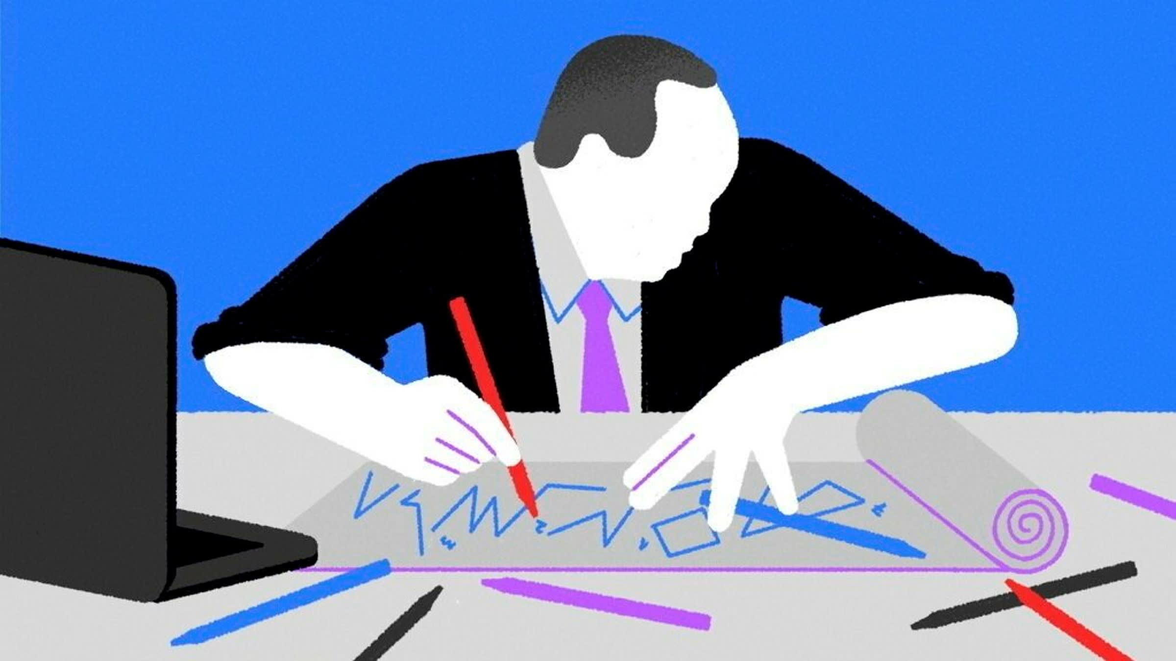 Maria Hergueta illustration of a person sitting at a desk drawing with coloured pens on a roll of paper, with an open laptop in front of him.
