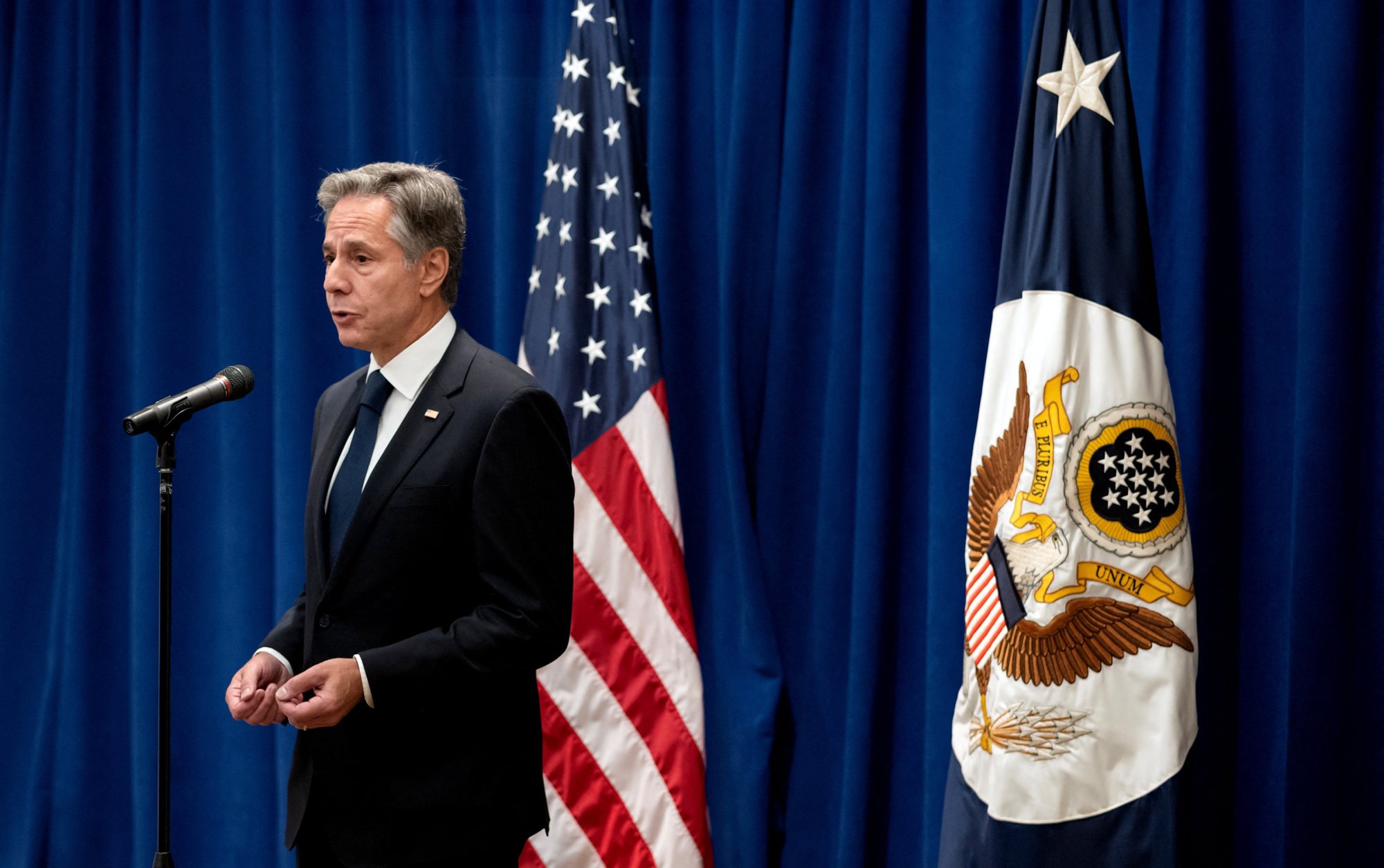 US Secretary of State Antony Blinken at a news conference in New York on Monday. Photo: Reuters antony blinken meets chinese vice president han zheng on un sidelines 1