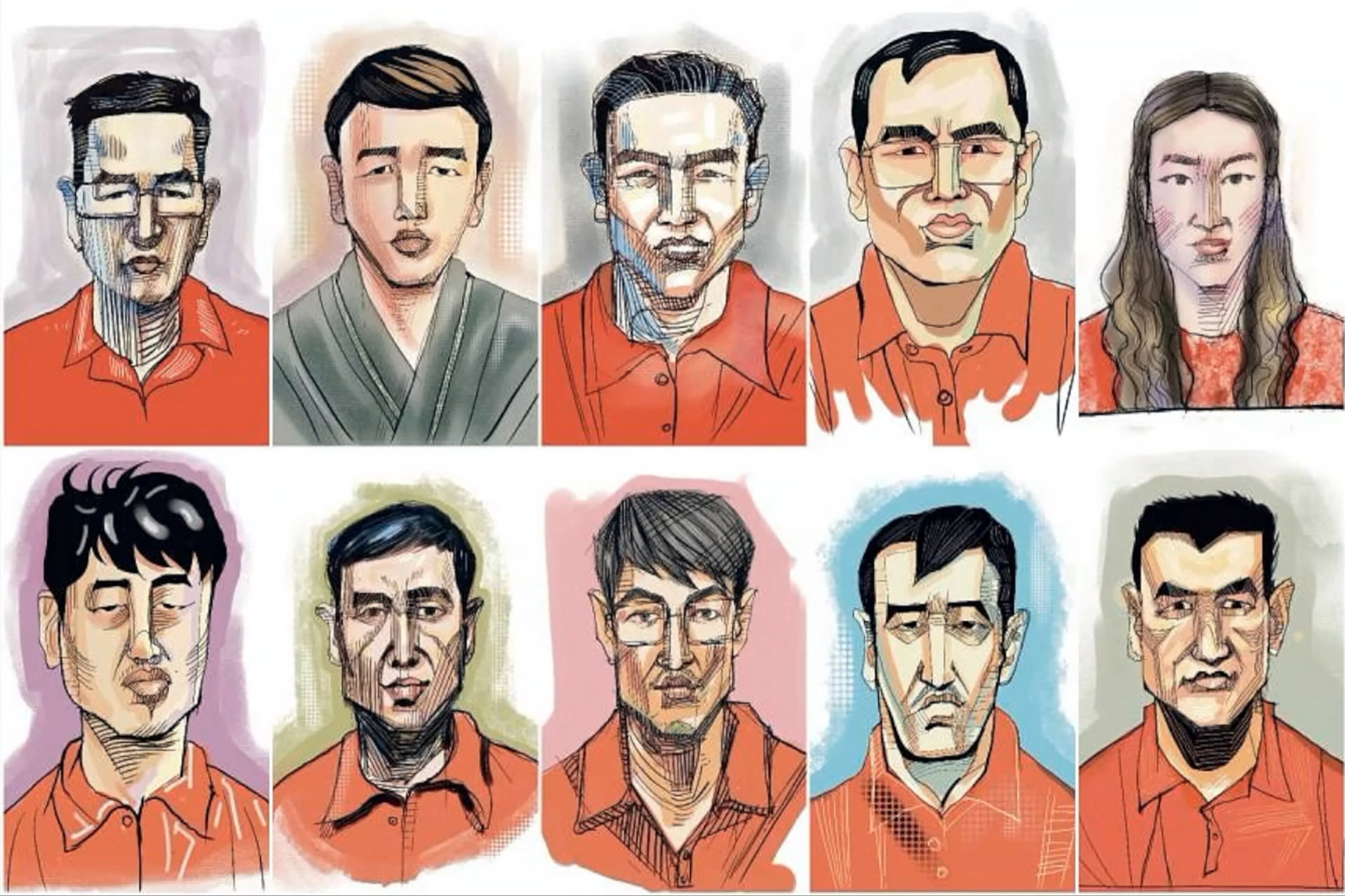 A court illustration of 10 of the people alleged to have involvement with a money laundering in Singapore