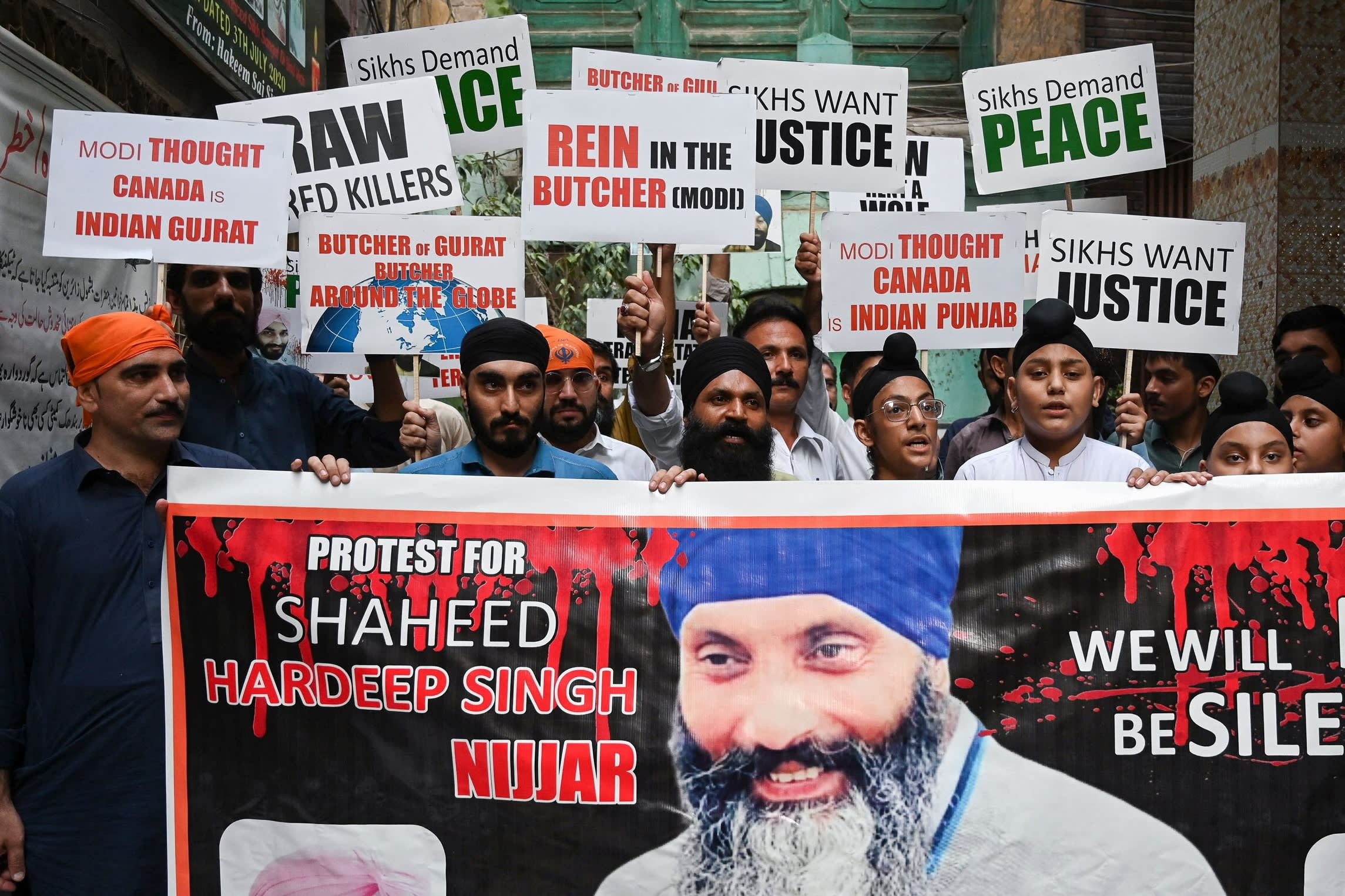 Members of Pakistan’s Sikh community take part in a protest in Peshawar on September 20, 2023 
