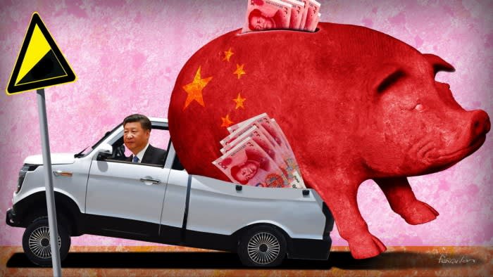 Illustration of a red piggy bank with stars on its back, sitting on a truck being driven by Xi Jinping