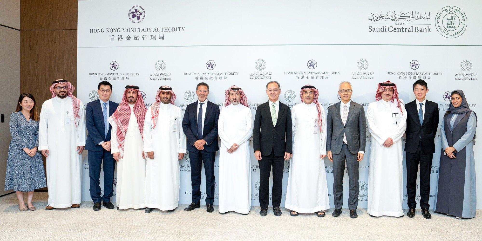 Hong Kong Monetary Authority chief executive Eddie Yue Wai-man (sixth right) and the governor of the Saudi Central Bank, Ayman Alsayari (fifth right). Photo: Hong Kong Monetary Authority