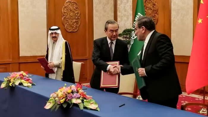Musaad bin Mohammed al-Aiban, Wang Yi and Ali Shamkhani