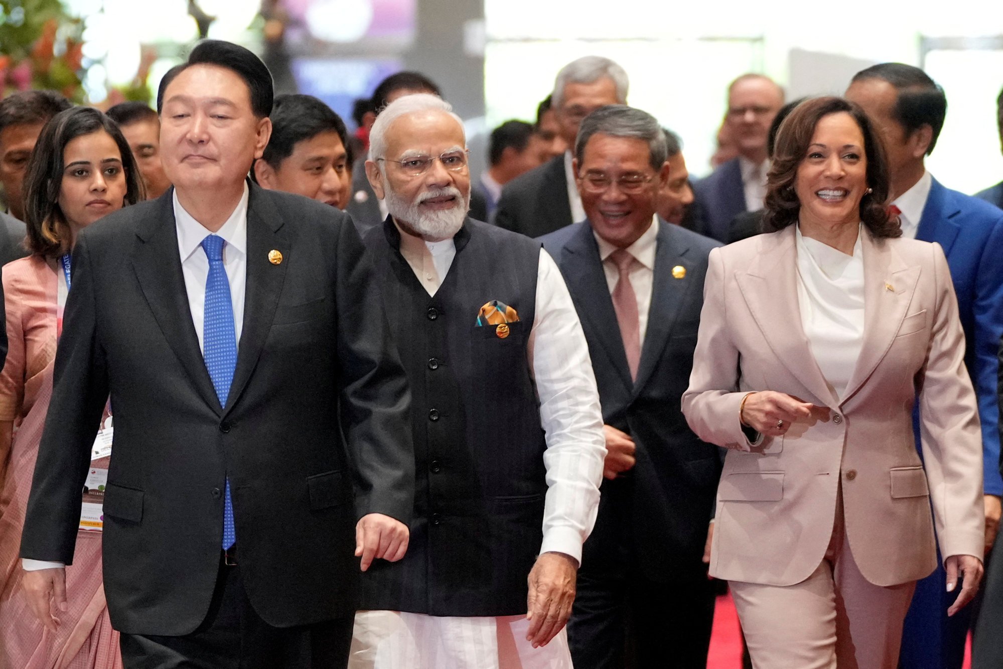 Li entering the East Asia Summit meeting with, from left, South Korean President Yoon Suk-yeol, Indian Prime Minister Narendra Modi and US Vice-President Kamala Harris on Thursday. Photo: Reuters
