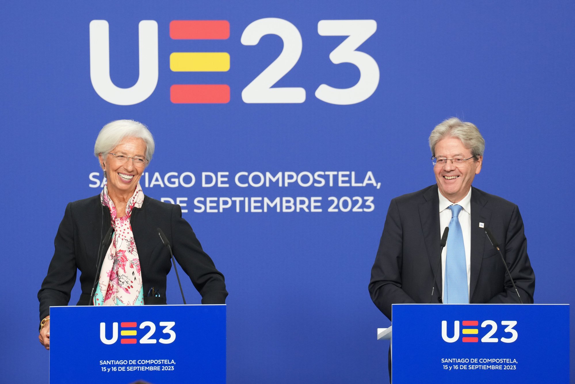European Central Bank President Christine Lagarde and the European Commissioner for Economic Affairs Paolo Gentiloni speak during a press conference after the informal meeting of EU finance ministers in Santiago de Compostela in Spain on Friday. Photo: dpa eu unafraid of trade war with china amid row over electric vehicle probe 1