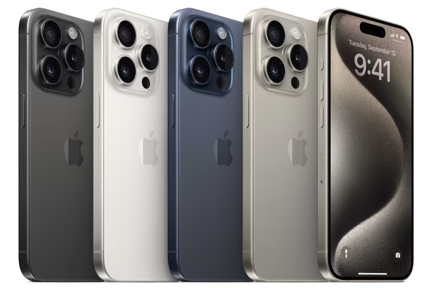 Five iPhone 15 Pro Max models lined up, overlapping
