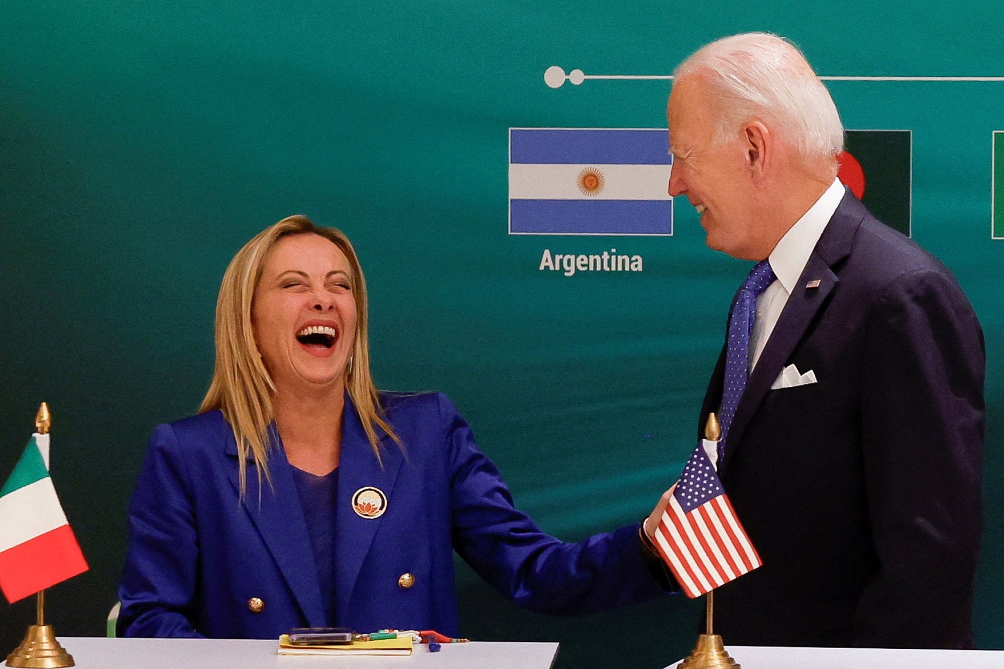 Italian Prime Minister Giorgia Meloni with Biden at the launch of the Global Biofuels Alliance at the G20 summit on Saturday in New Delhi, India. Photo: Reuters g20 summit us india and allies unveil initiatives as xi and putin keep distance 1