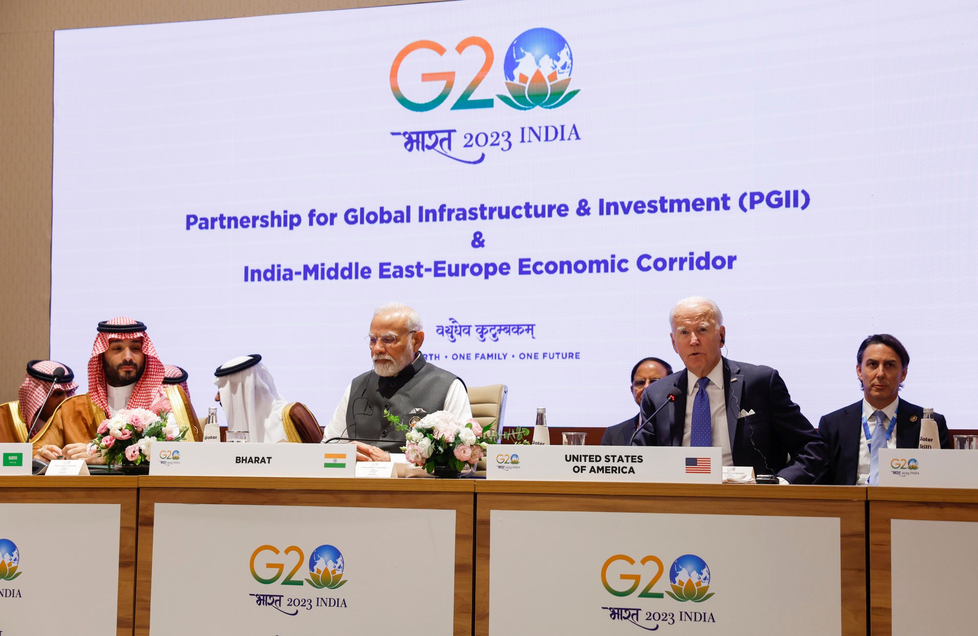 Saudi Arabian Crown Prince Mohammed bin Salman Al Saud, left, with Modi and Biden on Saturday. Photo: AP g20 summit us india and allies unveil initiatives as xi and putin keep distance 2
