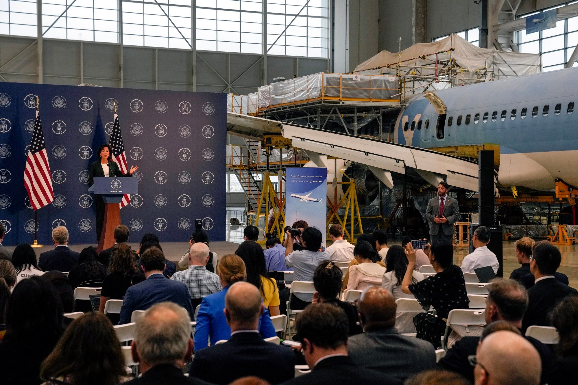 US Secretary of Commerce Gina Raimondo attends a press conference at the Boeing Shanghai Aviation Services near the Shanghai Pudong International Airport. Photo: EPA-EFE