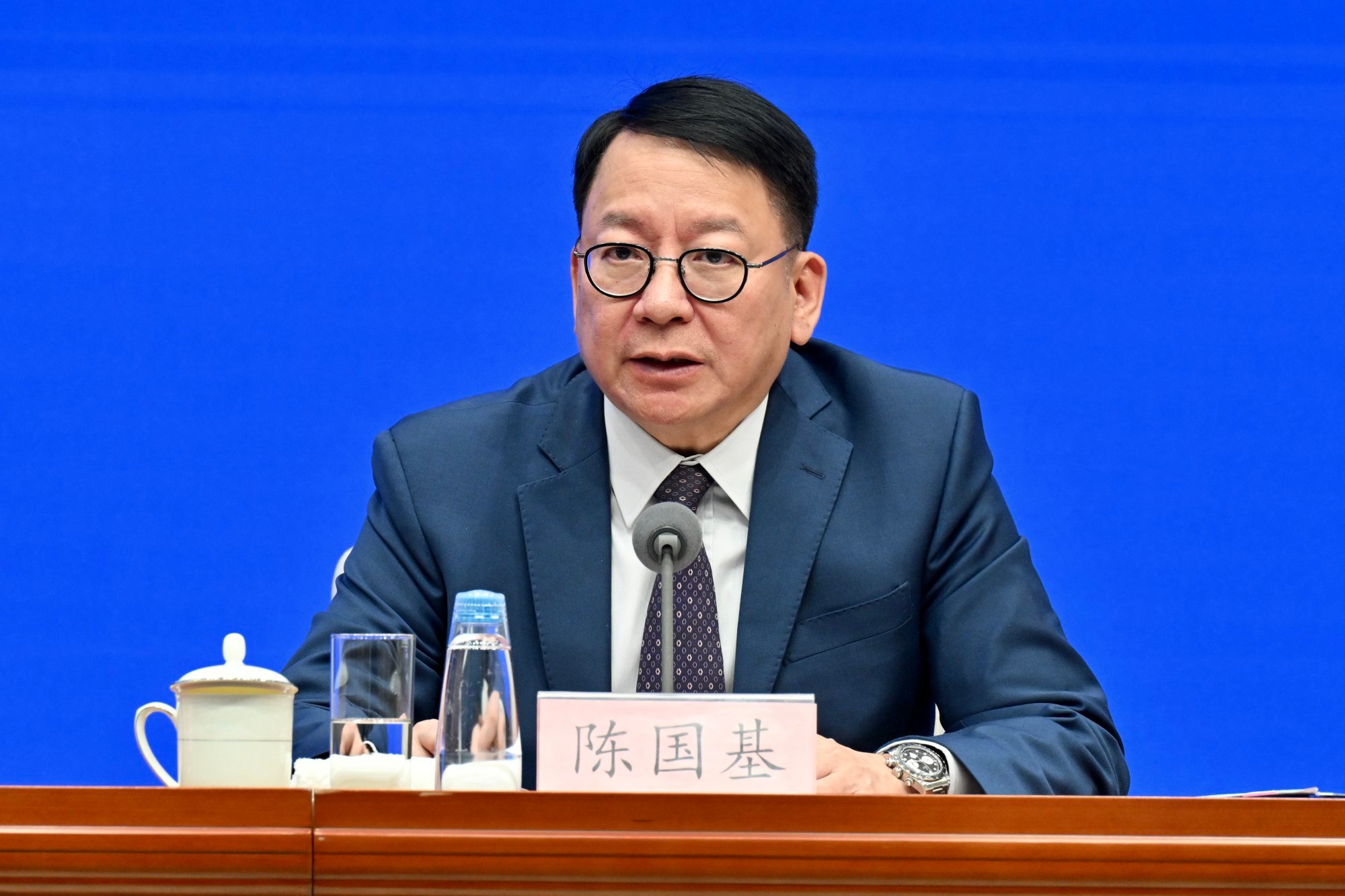 Hong Kong No 2 official Eric Chan attends a press conference in Beijing on the Hetao zone. Photo: Handout hong kong science park to open new branch in shenzhen cooperation zone area to house 40 projects tied to innovation drive 1