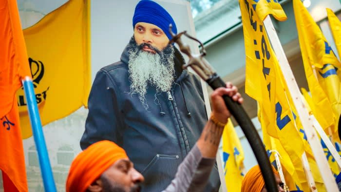 Protesters chant outside India’s consular office during a protest over the shooting of Hardeep Singh Nijjar in Vancouver, British Columbia
