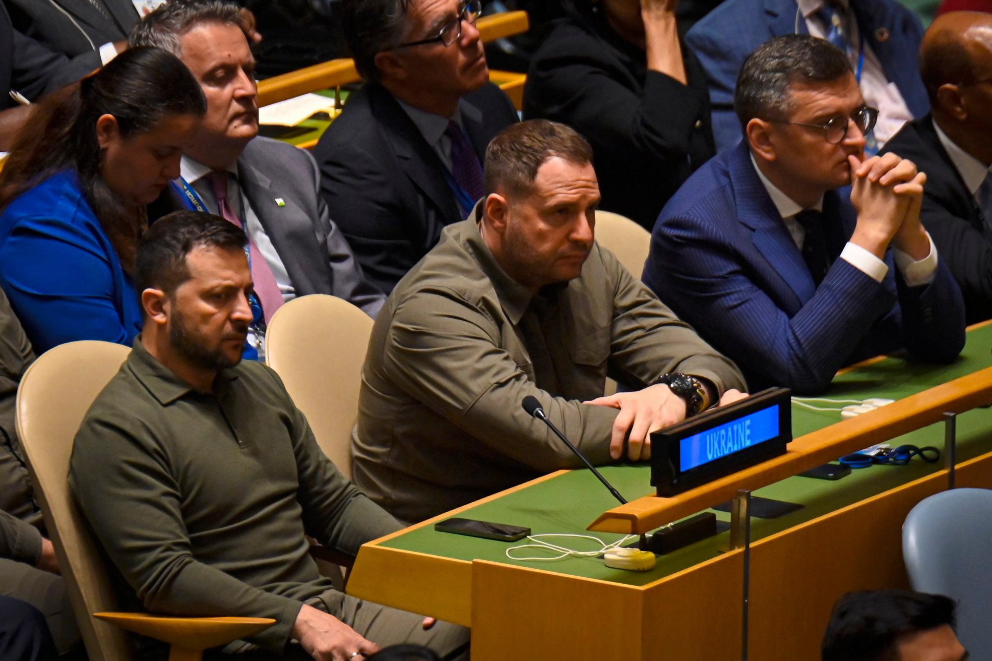 Ukrainian President Volodymyr Zelensky (left) attends the 78th session of the UN General Assembly in New York on Tuesday. Photo: EPA-EFE joe biden tells un general assembly that us is regaining its global leadership role 3