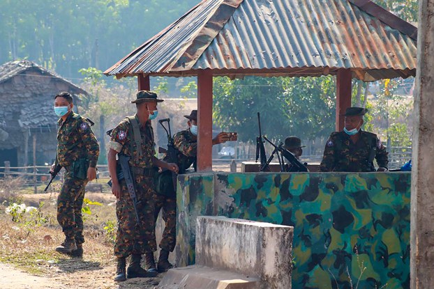 ENG_BUR_TrappedSoldiers_09132023_03.jpg Myanmar junta soldiers man a security hut in Kawkareik district in eastern Myanmar's Kayin state, April 2021. Credit: Free Burma Rangers via AFP