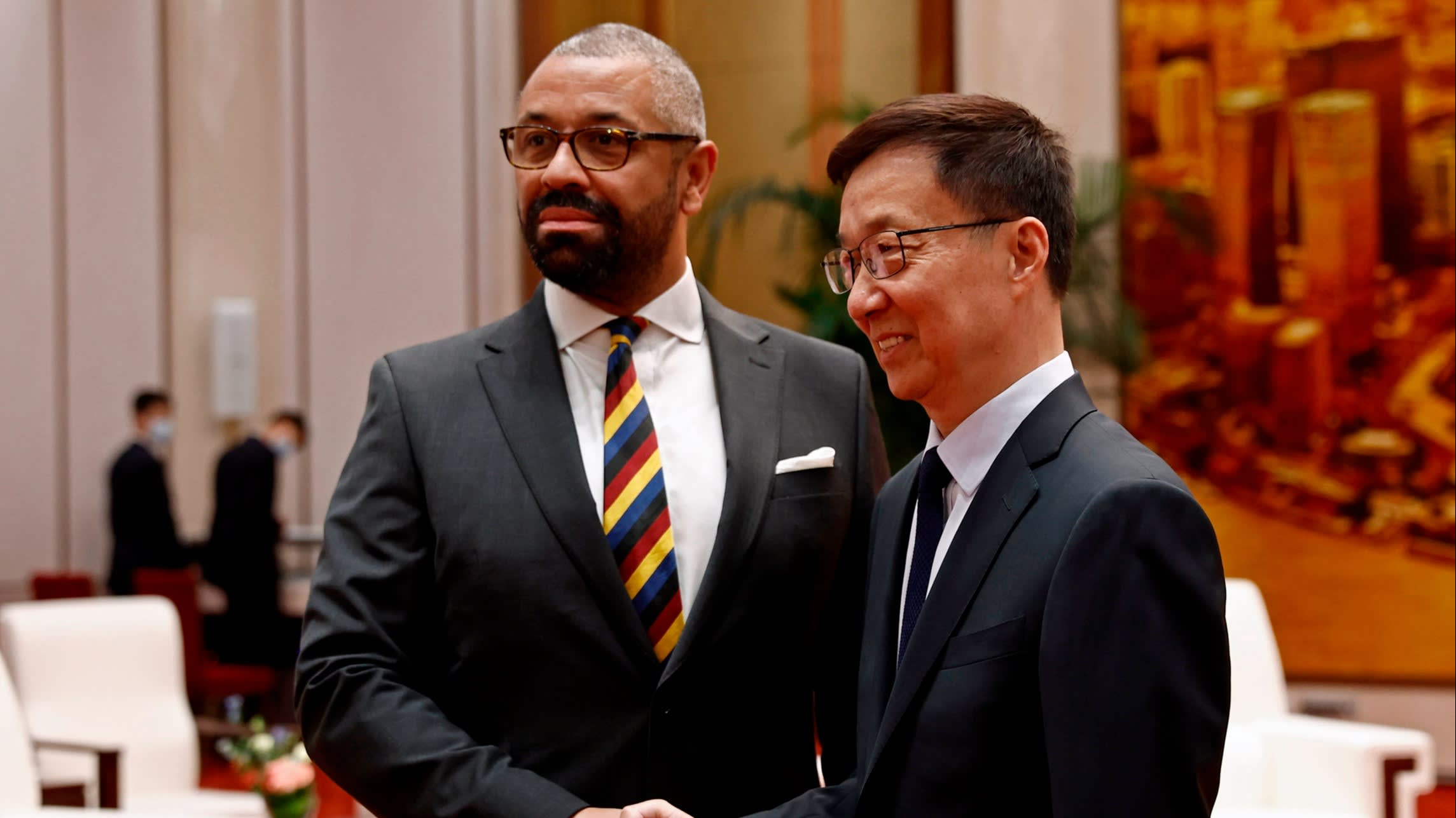 Foreign secretary James Cleverly and Chinese Vice President Han Zheng in Beijing on Wednesday