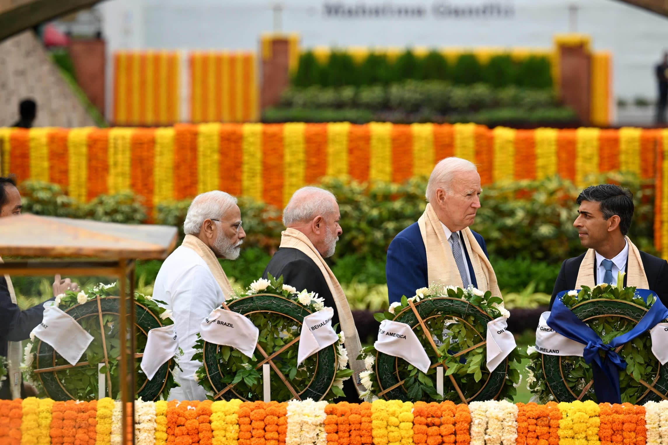 Narendra Modi, Luiz Inácio Lula da Silva of Brazil and Joe Biden in Rajghat. The US has invested in bolstering relations with New Delhi as part of its strategy of enhancing relationships in the Indo-Pacific