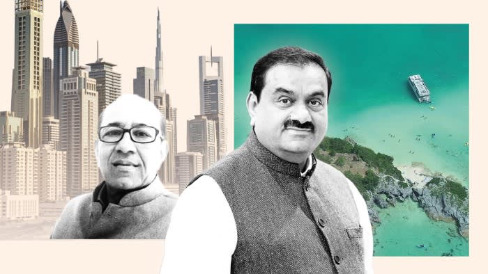 A composite image of Vinod and Gautam Adani against a backdrop of Dubai and Bermuda