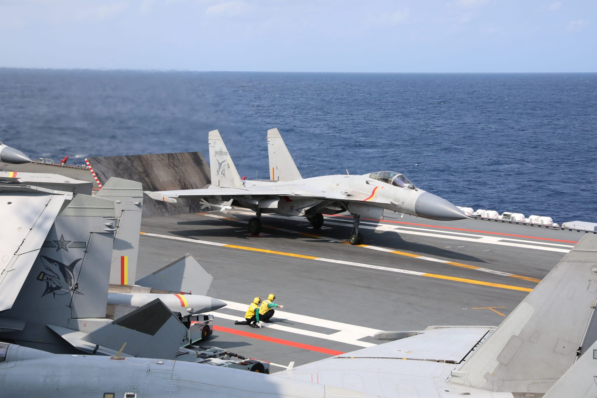 A J-15 fighter ready to take off from aircraft carrier Shandong during military exercises around Taiwan. The PLA has been modernising its naval and air operations. Photo: Xinhua