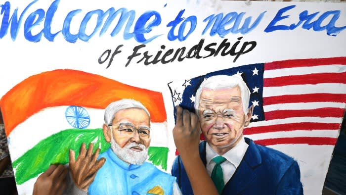 A painting shows Narendra Modi and Joe Biden at an art school in Mumbai ahead of the G20 summit