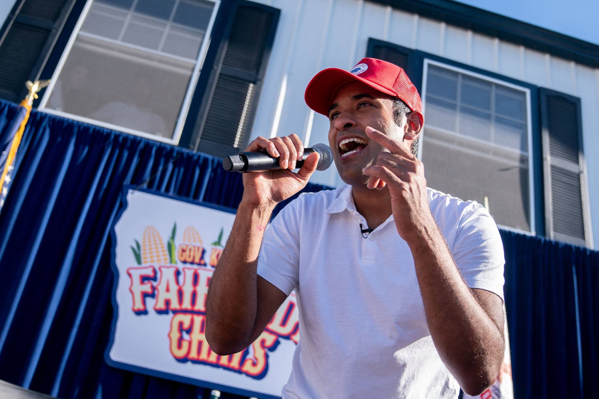 US entrepreneur and presidential hopeful Vivek Ramaswamy raps after talking to Governor Kim Reynolds at the Iowa State Fair, in Des Moines, on August 12. Eminem has asked Ramaswamy to stop using his music on the campaign trail. Photo: AFP with us democracy in crisis global south must ensure peaceful transition to a more equitable world order 1