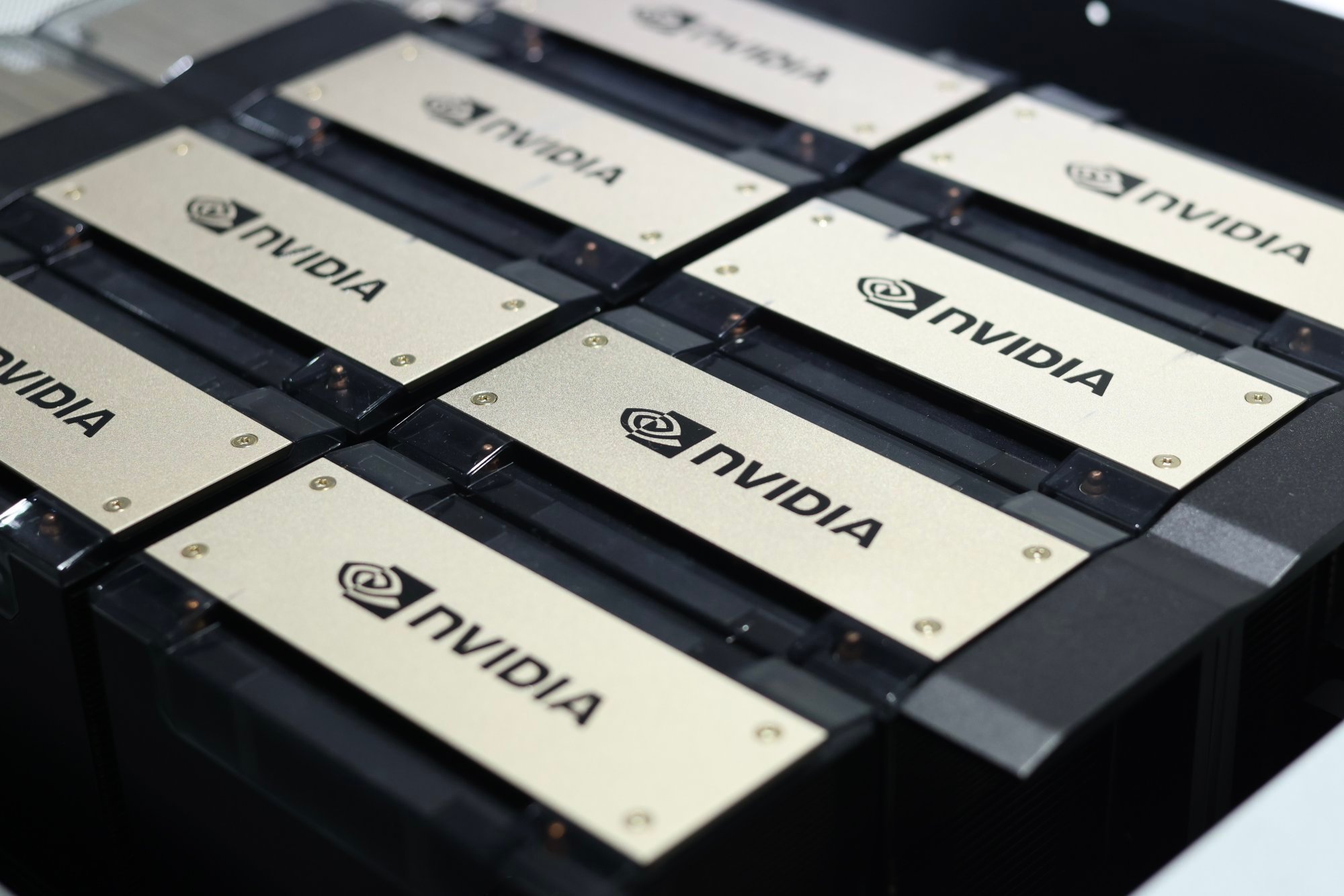 Details of Nvidia Corp’s HGX AI supercomputing platform – purpose-built for artificial intelligence, simulation and data analytics – on display at Foxconn Technology Group’s annual Hon Hai Technology Day in Taipei on October 18, 2023. Photo: EPA-EFE