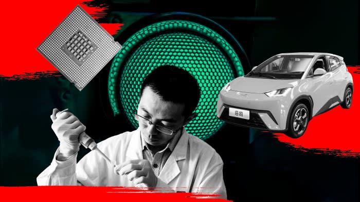 A montage of images including chipmaking, biotech, AI and electric vehicles