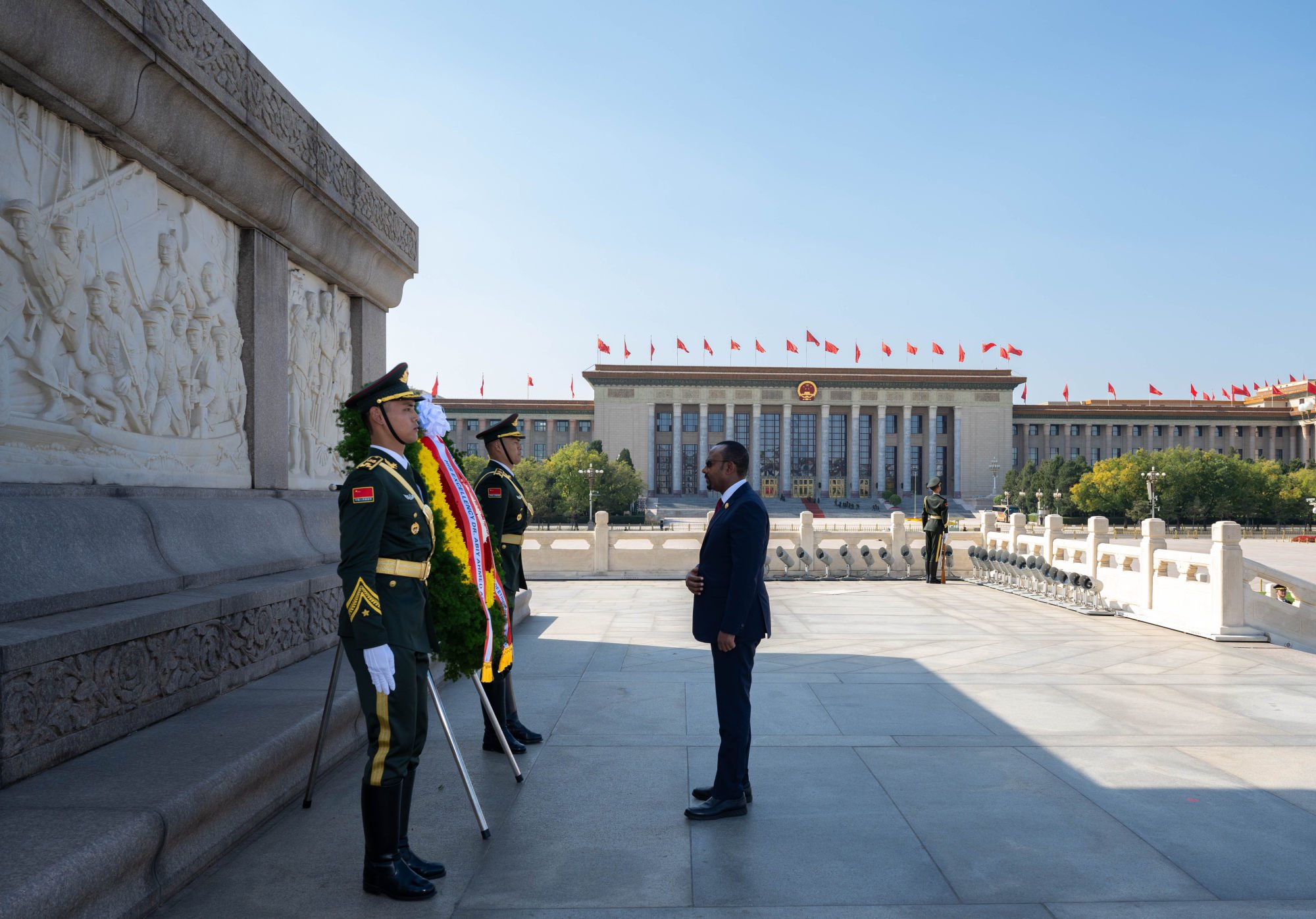 Ethiopian Prime Minister Abiy Ahmed lays a wreath at the Monument to the People’s Heroes in Tiananmen Square in Beijing. Photo: Xinhua