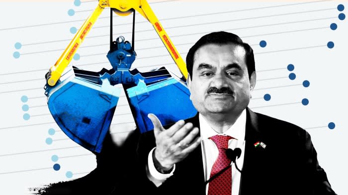Gautam Adani faces the viewer, behind him a large scoop unloading coal at an Adani-owned port in Gujarat, and a chart showing coal import vs export records