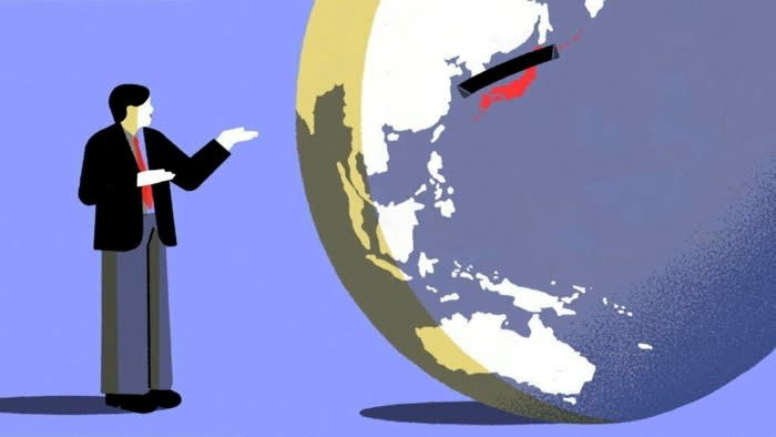Illustration of a man standing next to a giant globe pointing to the part where Japan is — with black tape stuck next to it on the globe.