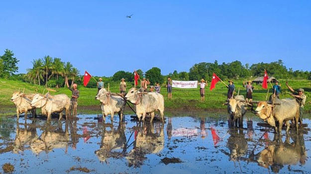 ENG_BUR_SagaingProtests_10172023.2.jpg Farmers from Khin-U township stage an outlawed plowing protest against the Myanmar junta in northwestern Myanmar's Sagaing region, Aug. 29, 2023. Credit: Khin-U township True News Information