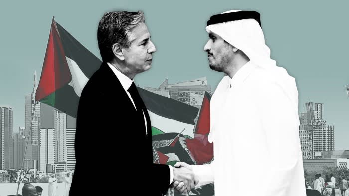 Montage of Antony Blinken shaking hands with Qatar’s prime minister Mohammed bin Abdulrahman Al Thani