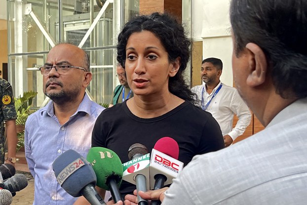 myanmar-refugees-afreen-akhter-oct17-2023.jpg U.S. Deputy Assistant Secretary of State Afreen Akhter speaks with the media outside the Refugee Relief and Repatriation Commissioner’s office in Cox’s Bazar, Bangladesh, Oct. 17, 2023. Credit: Tanbir Miraj/AFP