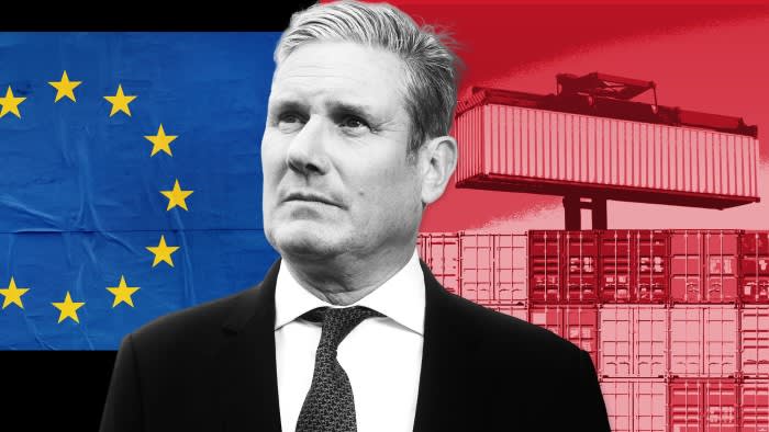 A montage of Keir Starmer, the EU flag and shipping containers