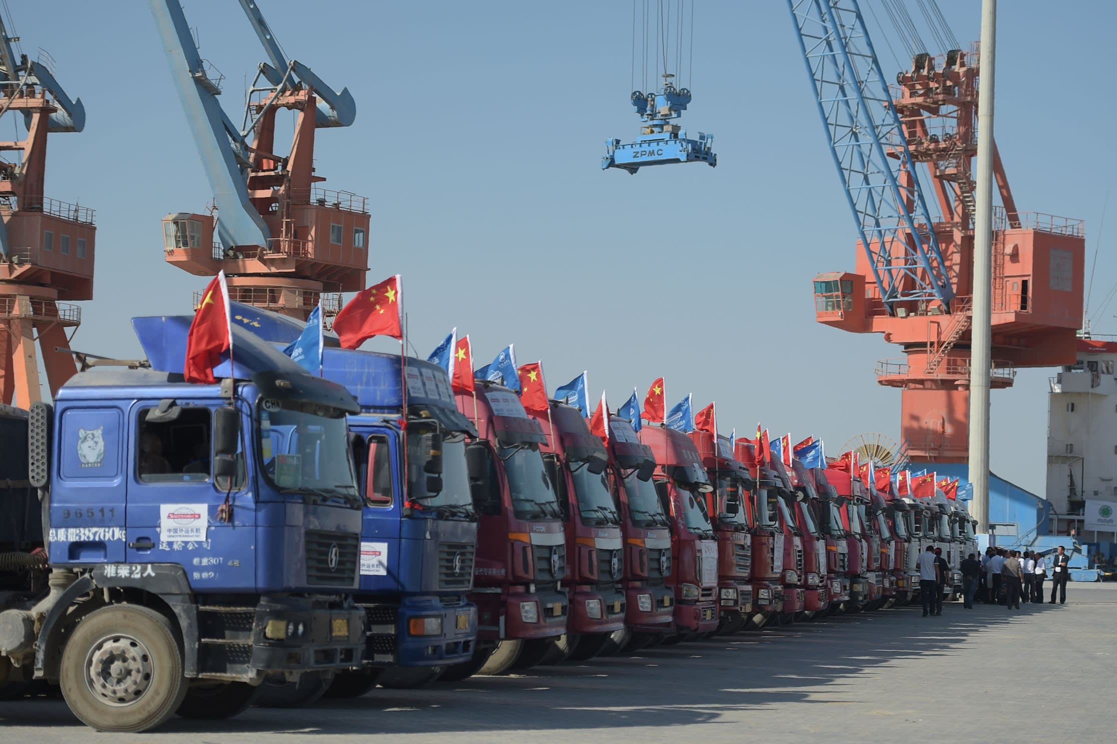 A long line of parked lorries