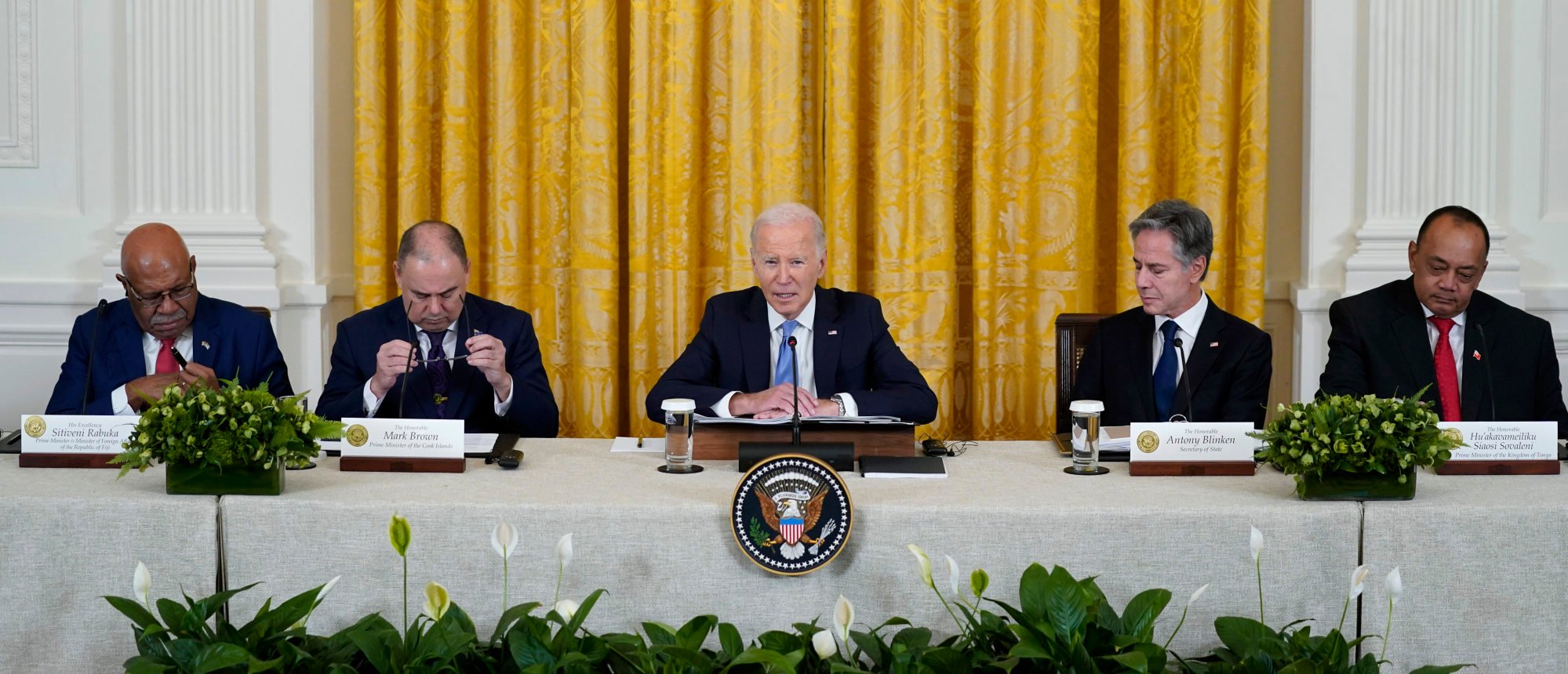 US President Joe Biden speaks during a meeting with Pacific Islands leaders at the White House on September 25. From left: Fiji’s Prime Minister Sitiveni Rabuka, Cook Islands’ Prime Minister Mark Brown, Biden, US Secretary of State Antony Blinken and Tonga’s Prime Minister Siaosi Sovaleni. Photo: AP