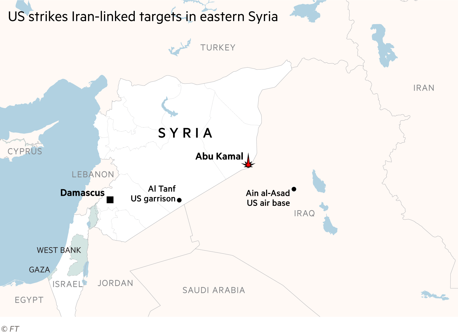 Map showing US strikes on Iran-linked targets in eastern Syria