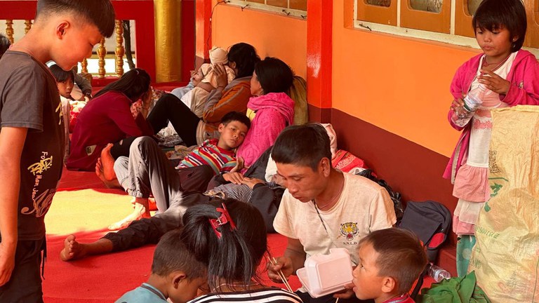 ENG_BUR_ChinaRefugeesMoved_11032023.2.jpg Displaced persons shelter at a monastery in Lashio, in Myanmar’s northern Shan state, Oct. 28, 2023. Credit: RFA