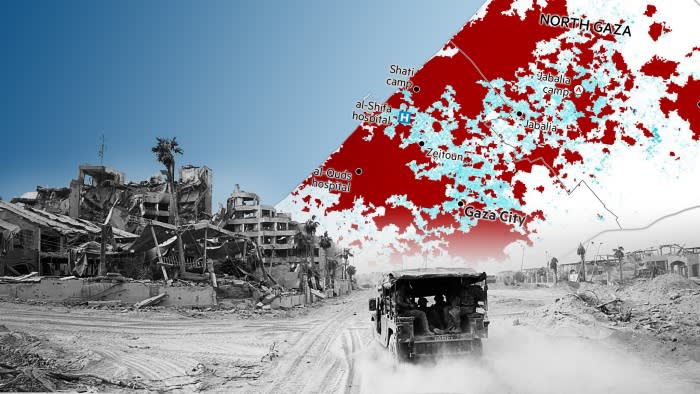 Montage of Israeli soldiers in a vehicle next to damaged buildings in Gaza and map of Gaza