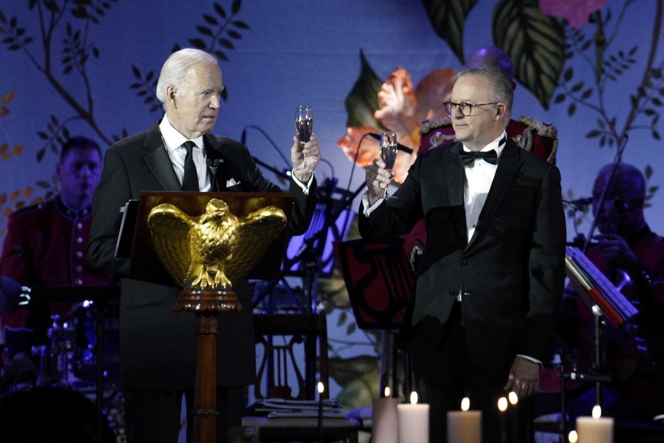 US President Joe Biden shares a toast with Anthony Albanese, Australia’s prime minister, during a state dinner in Washington