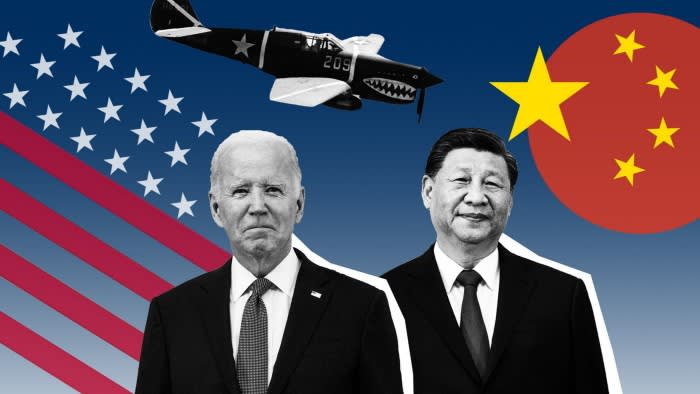 A montage of photos of Joe Biden, Xi Jinping and a Chinese war plane as well as elements of the US and China flags
