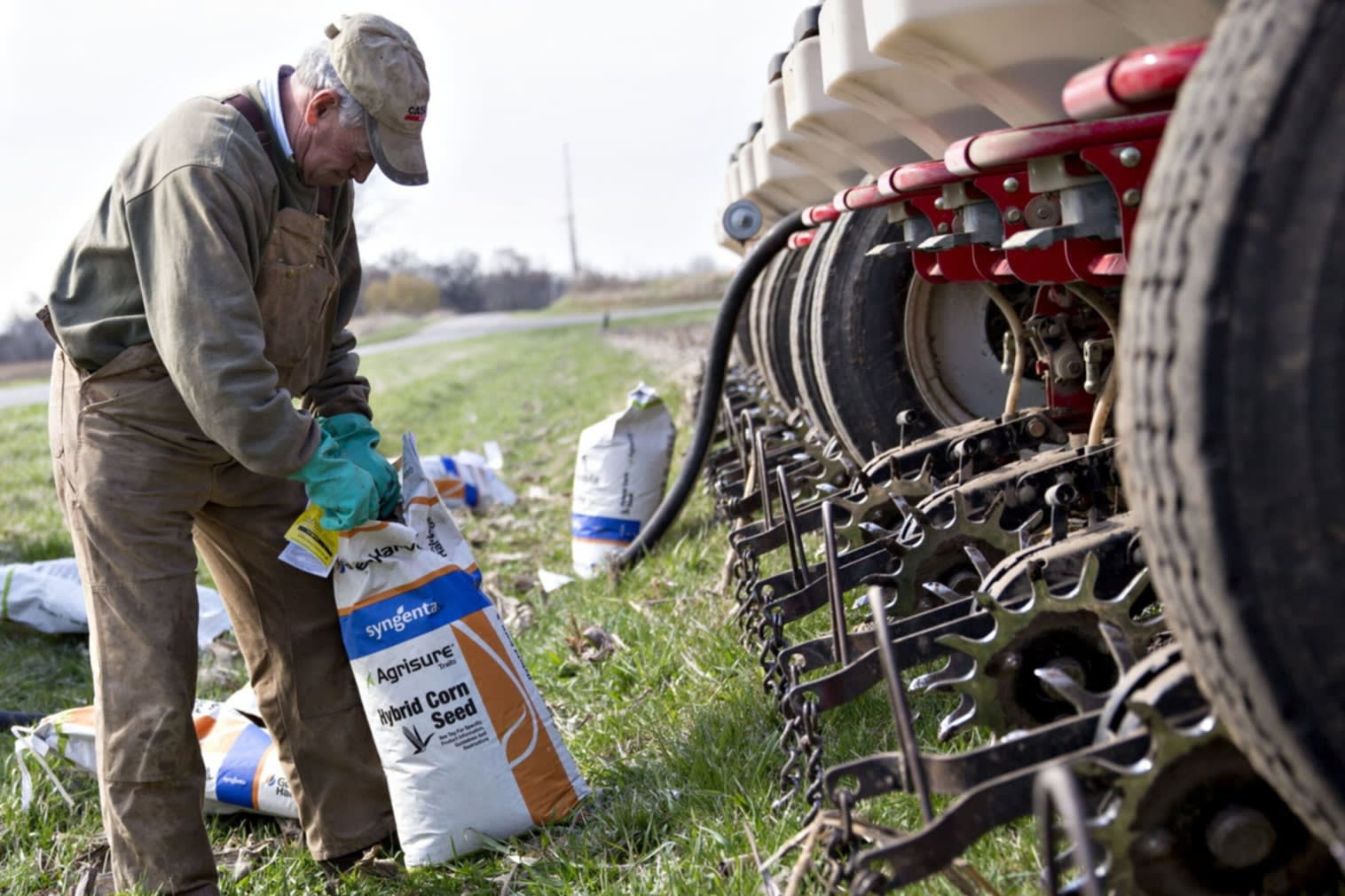 A farmer opens a bag of Syngenta AG corn seed