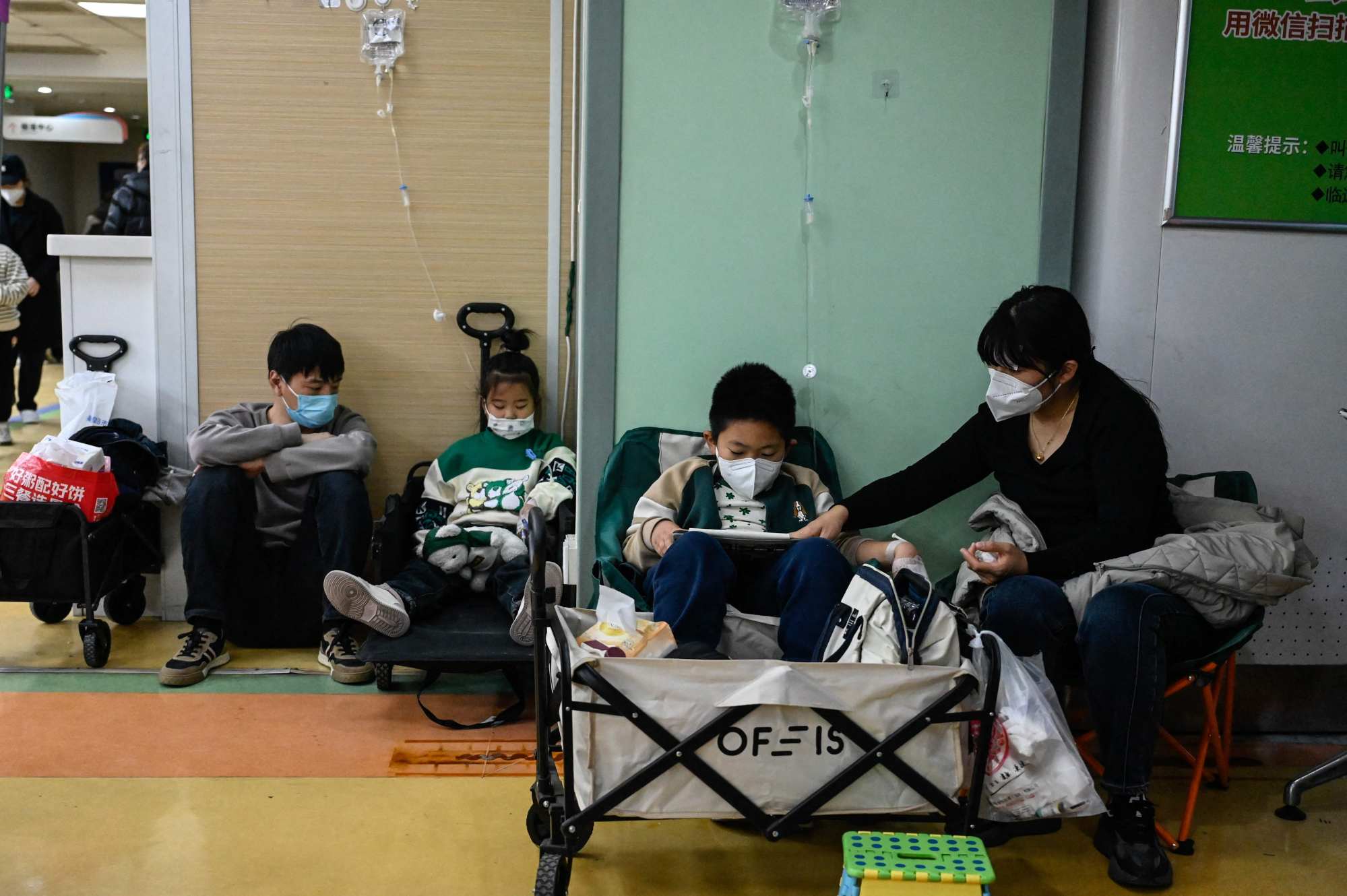 Children receive intravenous drips at a hospital in Beijing. Photo: AFP