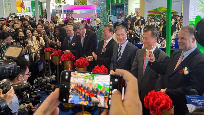 US ambassador Nicholas Burns and other officials at a ribbon-cutting ceremony at the China International Import Expo in Shanghai, China on November 6 2023