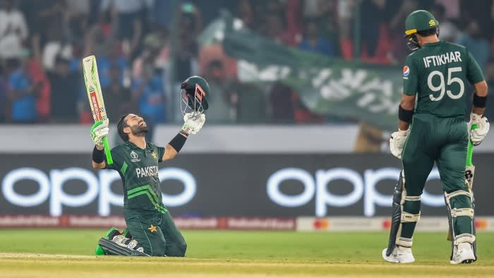 Pakistan’s Mohammad Rizwan and Iftikhar Ahmed celebrate