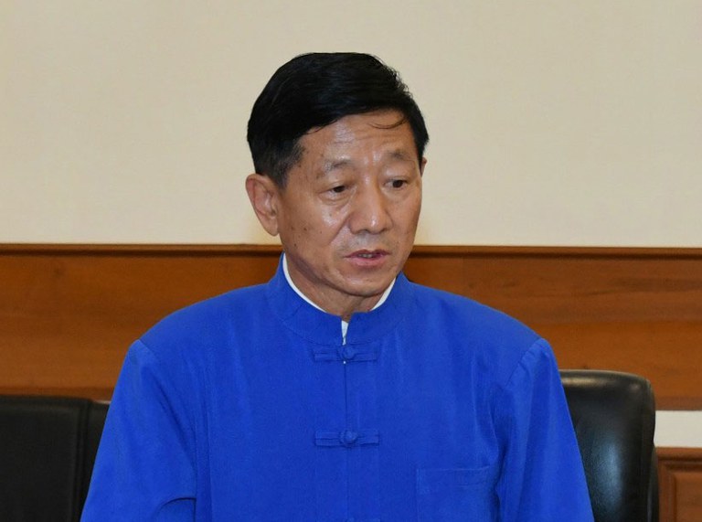 ENG_BUR_ScamArrests_11162023.2.jpg Myint Swe, seen at a meeting Nov. 8, was removed on Wednesday as the chief administrator for Kokang Self-Autonomous Special Region. Credit: Myanmar military