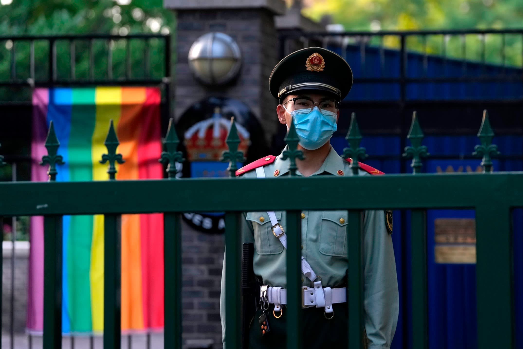 A Chinese police officer outside the Swedish embassy during Diversity Week in Beijing in May