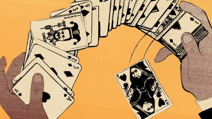 Ellie Foreman-Peck illustration of David Cameron as the joker and Suella Braverman the queen of hearts in a shuffled pack of cards