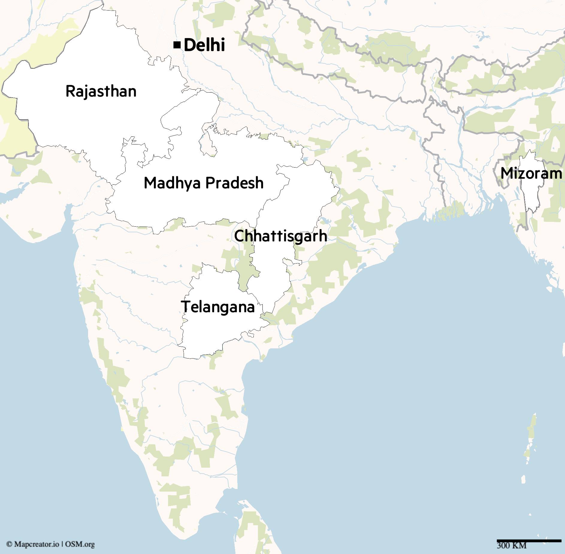 A map showing five Indian states holding state elections in November.