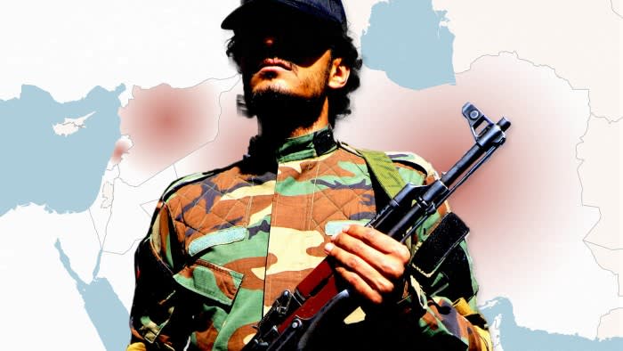 Montage of an armed man loyal to Yemen’s Houthi rebels against a background showing a map of countries involved in the ‘Axis of Resistance’