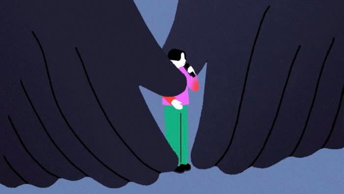 Illustration of a singer at a microphone, with curtains on either side that also look like hands, which are wrapping round the singer